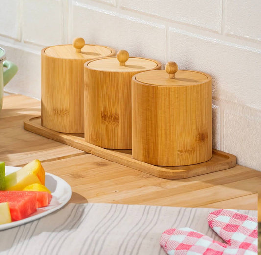 طقم علب توابل ومنظم بهارات خشبي  3 قطع مع صينية تقديم للمطبخ والطاولة.